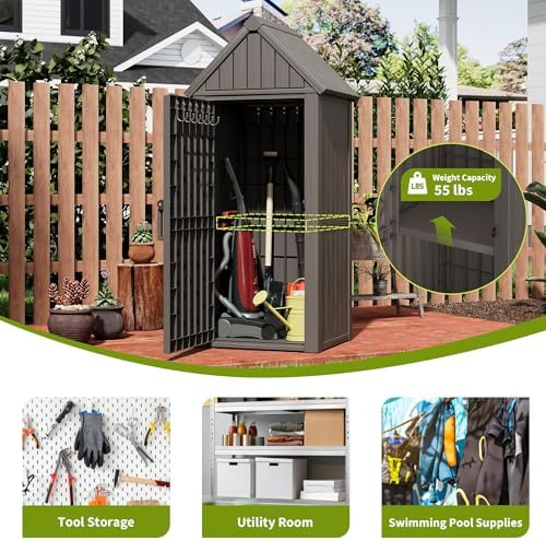 Outdoor Storage Shed, Waterproof Storage Cabinet with Sloping Roof and Lockable Door, Resin Shed with Ample Space, Multiple Hooks for Backyard Patio, Garden, Lawn, Classic Grey
