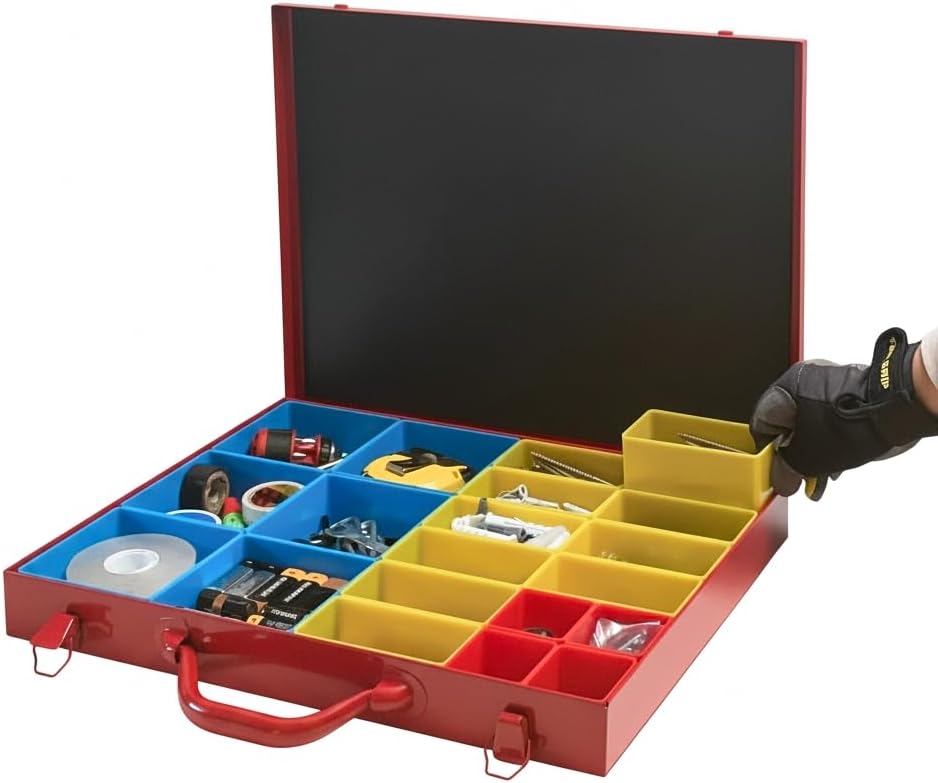 Large Metal Organizer Box with 20 Removable Compartments, Red