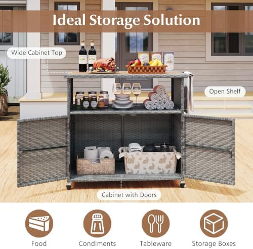 HAPPYGRILL Outdoor Storage Cabinet with Wheels, PE Rattan Deck Box