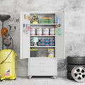 Metal Garage Storage Cabinet with Wheels, 2 Drawers and Pegboard, White