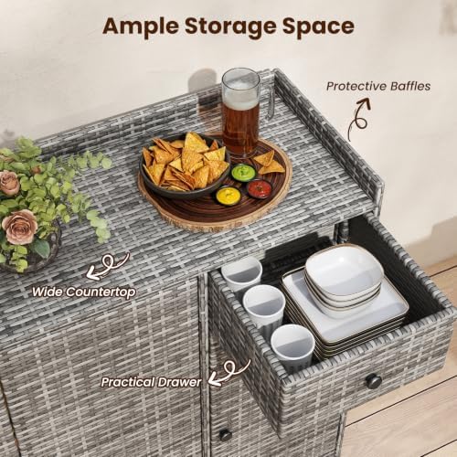 Tangkula Rattan Outdoor Storage Cabinet with 2 Adjustable Shelves