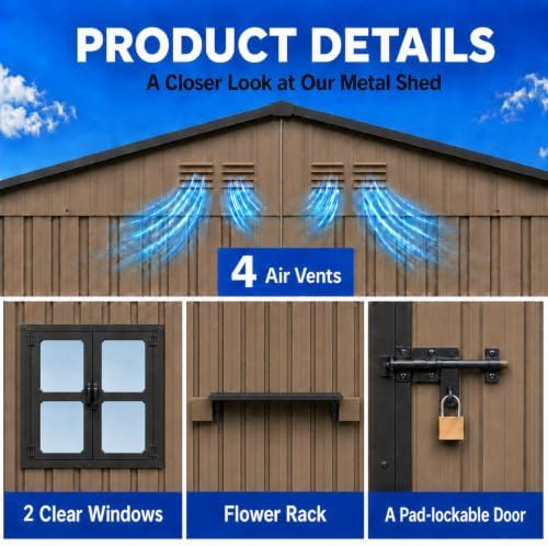 10x8 FT Outdoor Storage Shed with 2 Clear Windows, Metal Garden Shed with Flower Racks & Baskets, Outside Tool Shed with Lockable Double Doors, Waterproof Storage Building for Backyard, Brown
