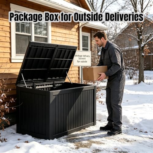 199 Gallon Large Resin Outdoor Storage Box, Waterproof Deck Box with Lockable Lid, Outside Storage Box for Patio Furniture, Pool Accessories, Garden Tools, Storage Bench for Backyard, Porch, Black