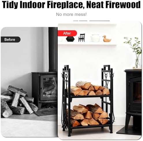 Outvita 2 Tier Firewood Log Rack, Iron Lumber Storage Holder, Wood Pile Stacker Organizer for Indoor Outdoor Fireplace Stove Pit with 4 Fire Tools Hanging Hooks Christmas Elements Black