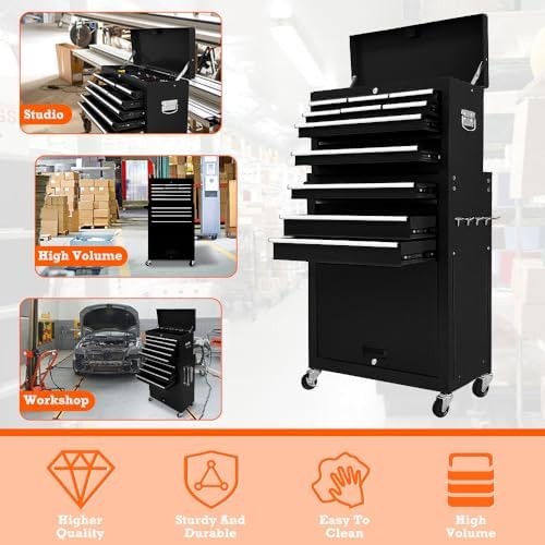 13 Drawers Tool Chest with Wheels,Large Capacity Tool Storage Cabinet with Removable Top Toolbox, Locking Mechanical Tool Cart with Liner,Suitable for Garages, Warehouses-Black