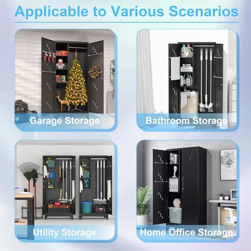 OSEILLC Metal Storage Cabinet with Locking Doors, 75" Tall Garage Cabinet with Hanging Rod, Broom Closet/Freestanding Bathroom Storage Cabinet, Cleaning Tool Storage
