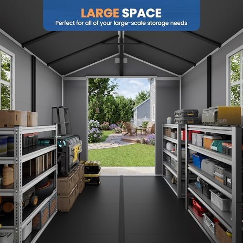 Amopatio 8X12 FT Resin Storage Shed with Floor Included, Plastic Outdoor Shed with Lockable Door, Window & Vents, for Lawnmower, Garden Tools, Pool Supplies, Grey & White