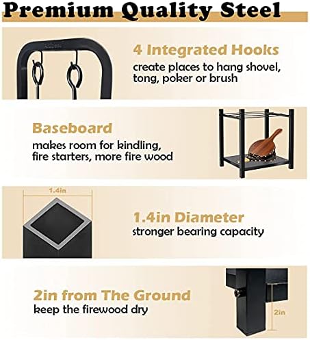 2-Tier Fireplace Firewood Rack Holder for Indoor Outdoor, Small Fire Wood Holder Log Storage Stacker Stand for Patio, Black(Without Wheels)