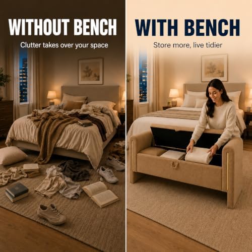 52" Upholstered Storage Bench, Brown, Armrests, Wood Frame