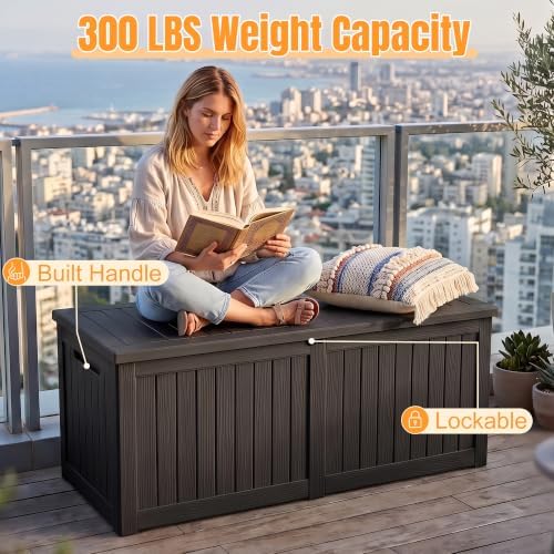 Outdoor Storage Box, 390 Gallon Waterproof Resin Deck Box with Support Rod