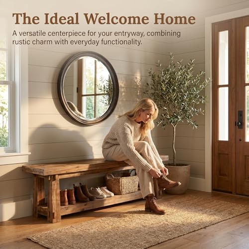 55" Wood Entryway Bench with Shoe Storage, Rustic Dining Bench