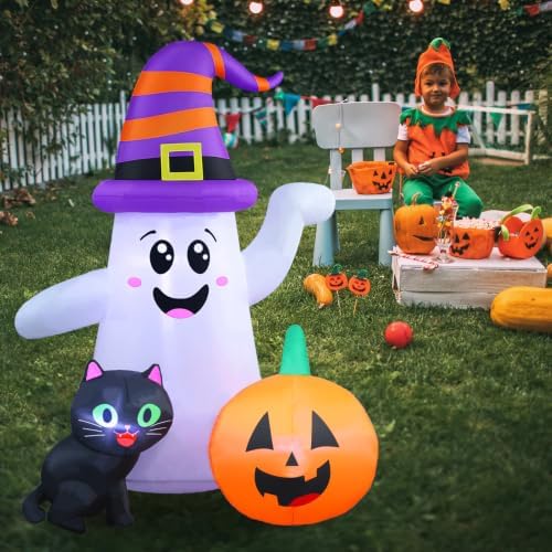 5FT Cute Halloween Inflatables Ghost, Blow Up Wizard Ghost with Pumpkin Black Cat for Garden Lawn Indoor Party Decor, Halloween Decorations Outdoor Inflatables