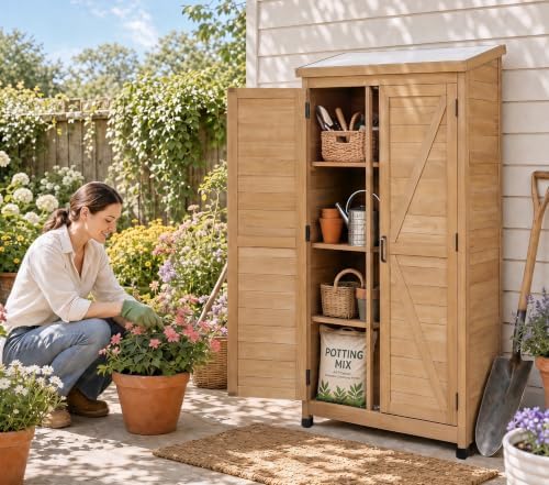 68'' Outdoor Storage Cabinet, Wooden Garden Tool Cabinet with Metal Top