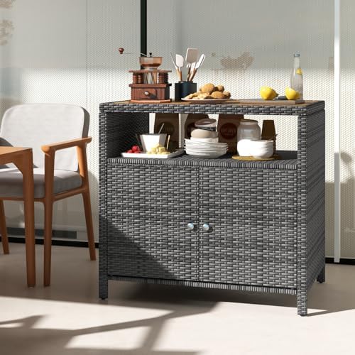 HAPPYGRILL Outdoor Rattan Storage Cabinet, Patio Sideboard Buffet Cabinet with Acacia Wood Countertop, Open Shelf & 2 Door Cabinet, Wicker Storage Organizer for Garden Tools (Mixed Grey)