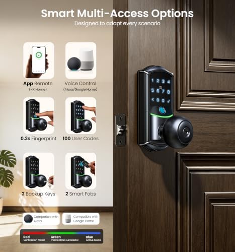 Veise VE028 WiFi Fingerprint Smart Door Lock with Knob Handle, Matte Black