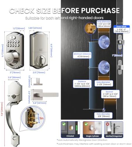 Veise VE012W-H Wi-Fi Smart Front Door Lock Set with Handle, Satin Nickel
