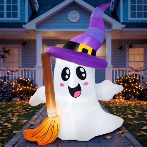 JOYIN Halloween Inflatables Ghost Outdoor Decorations, Cute Blow Up Ghost Holding Broom with LED, Blow Up Yard Decorations for Halloween Outdoor Yard Garden Lawn Party Decor