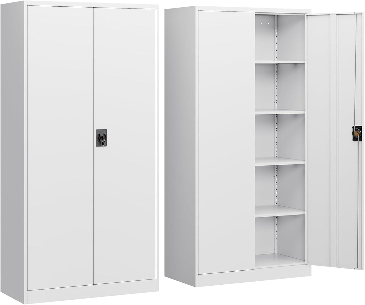 Yizosh Metal Garage Storage Cabinet with Lock, 71" Locking Tool Cabinet with 2 Doors and 5 Shelves, Heavy Duty for Garage, Office, School (White)
