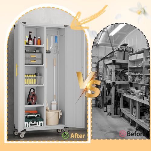 pozdeg 71" Rolling Lockable Metal Broom Closet Storage Cabinet, Grey White
