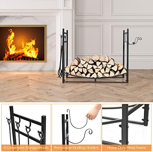ORALNER 36” Firewood Rack, Indoor Firewood Storage Stand with Kindling Holder & 4 Fireplace Tools Set, Poker Tongs Broom Shovel, Wood Racks for Outdoor Firewood Fireplace Log Holder Lumber Stacker