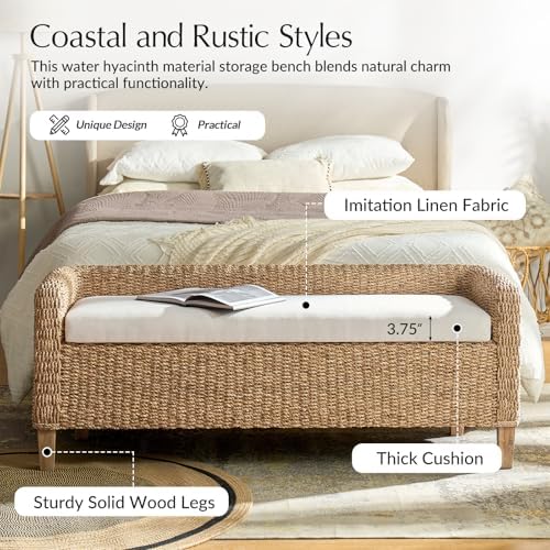 HULALA HOME 57" Rattan Storage Bench, Boho Wicker Bedroom Bench, Natural