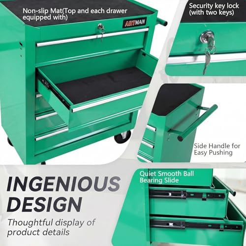 5 Drawers Rolling Tool Chest on Wheels, Multifunctional Tool Cart Tool Storage, Drawers Rolling Tool Trolley Organizer Tool Case for Garage,Warehouse,Workshop,Repair Shop (5 Drawers-Green)