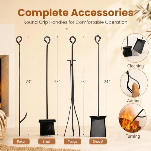 Goplus Firewood Rack Indoor, 36” Firewood Holder with 4- Piece Fireplace Tools-Shovel, Poker, Tongs, Brush, Kindling Holders, Heavy Duty Indoor Log Storage Rack, Outdoor Wood Rack for Fire Pit, Stove