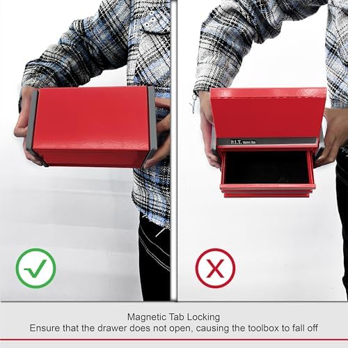 P.I.T. Mini Tool Box,3 Drawers Small Metal Toolbox for Tools Storage,Red