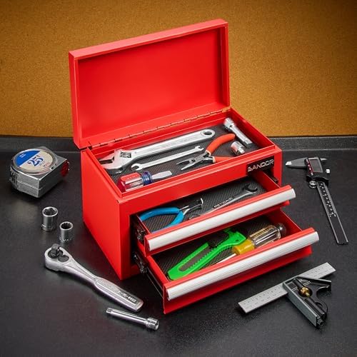 Mini Tool Box - Metal Tool Chest with 2 Drawers & PVC Drawer Liners - Red