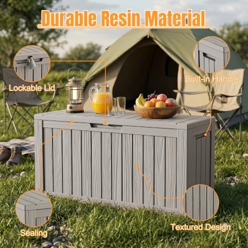 Outdoor Storage Box,140 Gallon Waterproof Resin Deck Box with Support Rod