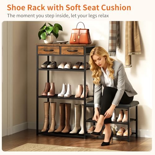 Shoe Rack Bench Shoe Rack for Entryway, Cushioned Entryway Shoe Storage with 2 Drawers & 5-Tier Organizer, Metal Frame Wood Top Narrow Space-Saving Hallway Organizer for Closet & Front Door