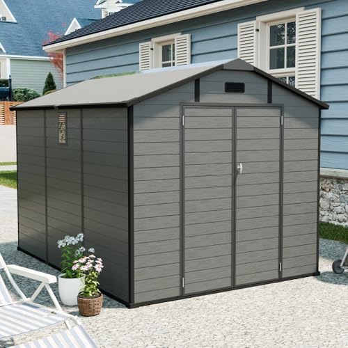 JT 8x10 FT Resin Storage Shed, Outdoor Tool Shed (Dark Grey)