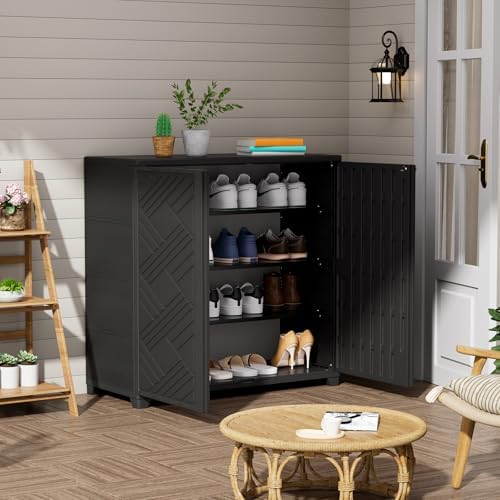 ZZM Indoor/Outdoor Storage Cabinet Waterproof, 34"x15"x34" Plastic Outdoor Storage Box for Garden Balcony Bathroom, All Weather Outdoor Storage Clearance, DIY Usage, with 2 Shelf (Black)