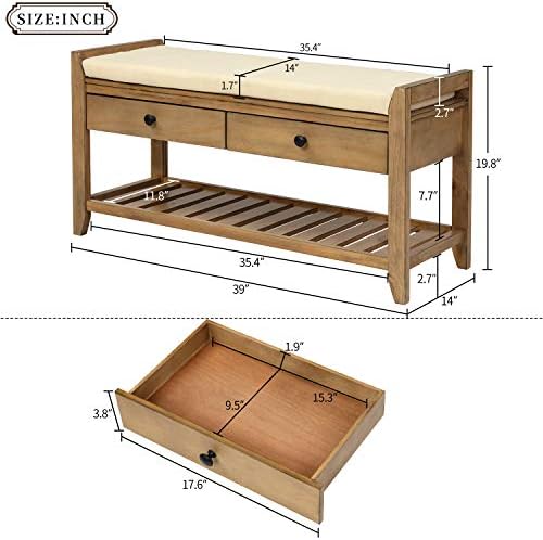 Merax Classic Wood Entryway Bench with Shoe Storge Wood Bench for Hallway Front Door Old Pine with Drawers and Seat Cushion Old Pine