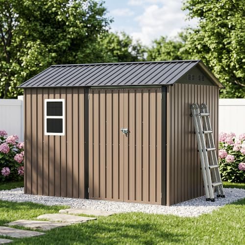 LAUSAINT HOME 8 x 6 FT Outdoor Storage Shed with Window, Galvanized Steel Storage Shed, Double Lockable Doors, Gable Roof & Air Vent for Backyard, Brown