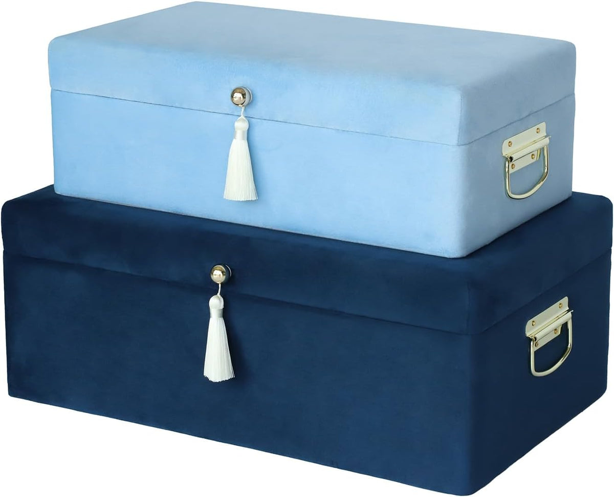 HofferRuffer Velvet Storage Trunks with Wood Frame, Set of 2 Storage Chests with Handles, Bedroom Organizer Nesting Upholstered Decorative Boxes Hinged Lid with Gold Hardware Accents (Blue Velvet)