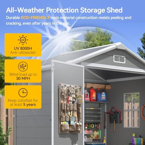 Aoxun 6x4 FT Outdoor Storage Shed, Resin Shed with Suction Light, Gray