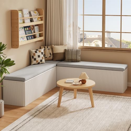 Breakfast Nook Bench, L Shaped Storage Bench with Cushion, White