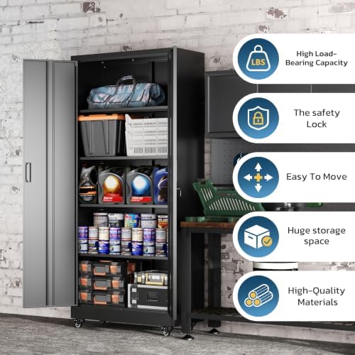 Greenvelly Metal Storage Cabinet with 4 Swivel Wheels,73" H Black Garage Storage Cabinet with Wheels, Rolling Tool Cabinet with Locking Doors and Shelves for Home,Basement, Kitchen Pantry,Warehouse