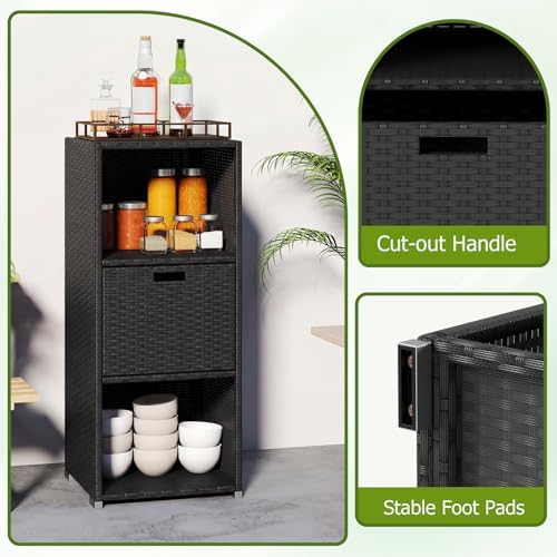 HAPPYGRILL Outdoor Storage Cabinet PE Rattan Wicker Storage Shed Organizer with Shelves Drawer, for Patio Porch, Garden, Backyard and Poolside (Black)