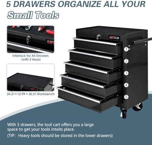 5 Drawers Rolling Tool Chest on Wheels, Multifunctional Tool Cart Tool Storage, Drawers Rolling Tool Trolley Organizer Tool Case for Garage,Warehouse,Workshop,Repair Shop (5 Drawers-Black)