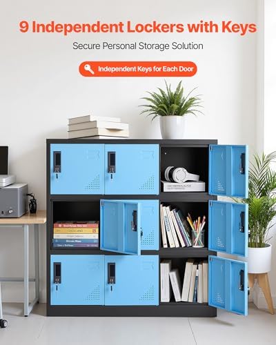 VEVOR 9 Doors Metal Locker for Employees, Steel Locking Storage Cabinet with Card Slot and Ventilation, 2 Keys for Each Door, Employee Lockers for Office, School, Gym, Home, Easy Assembly, Blue&Black