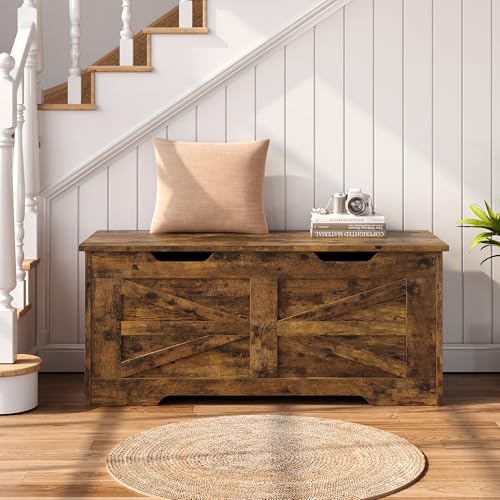 IDEALHOSUE 39.4" Storage Chest, Wooden Storage Bench with Safety Hinge, Retro Blanket Storage Trunk for Entryway, Living Room, Supports 350 lb, Rustic Brown