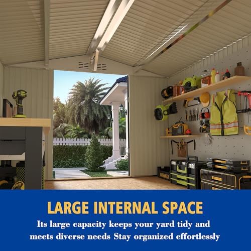10x8 FT Outdoor Storage Shed, Metal Garden Shed with 4-pane Window, Outside Tool Sheds with Lockable Hinged Doors, Waterproof Storage Building with 4 Air Vents for Backyard, Patio, Lawn, Gray