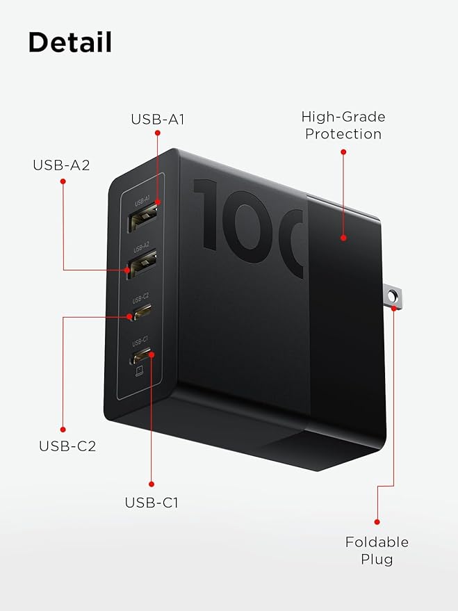 Lenovo 100W USB C Charger, 4-Port Multi-Device Fast Charging,