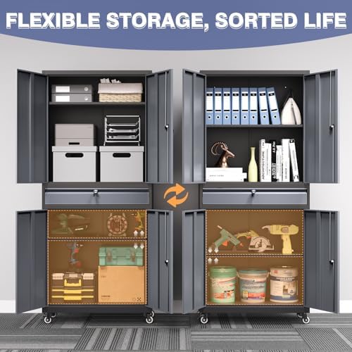 73" Metal Garage Storage Cabinet with Wheels， Rolling Tool Storage with Locking Doors， Adjustable Shelves and Drawer, Heavy Duty Steel Tool Cabinet for Garage, Warehouse, School(Black Grey)