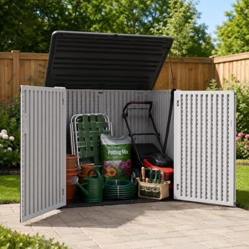 ADDOK Outdoor Storage Cabinet, 48 Cu.Ft Horizontal Resin Storage Shed