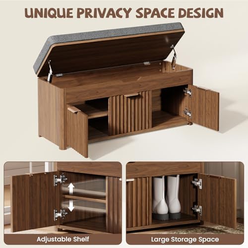 43.5" W Shoe Bench with Storage, Lift Top Entryway Bench, Walnut