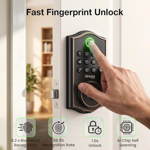 GHome Smart Fingerprint Door Lock for Front Door, 1.0s Unlock AI Self-Learning Keyless Entry Deadbolt with App Control, Keypad, Auto Lock, Digital Code Smart Lock for Home, Airbnb, Apartment, Garage