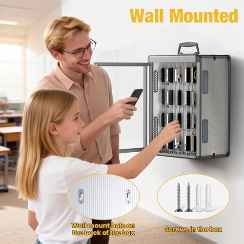 Glosen 36 Slots Cell Phone Locker, Portable Mobile Phone Storage Box [Wall Mounted] [Aluminum Alloy] Cell Phone Lock Box with Key & Handle for School,Classroom, Office, Exam (Black)